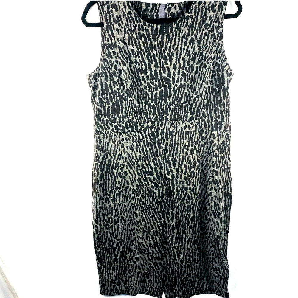 Talbots Animal Print Gray and Black Scoop Neck Sheath Career Dress Size 12